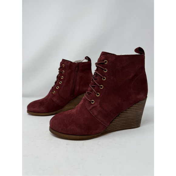 Diba Blake Suede Bootie Burgundy Ankle Boot Lace Up Wedges Size 7 NWOB - Picture 3 of 12